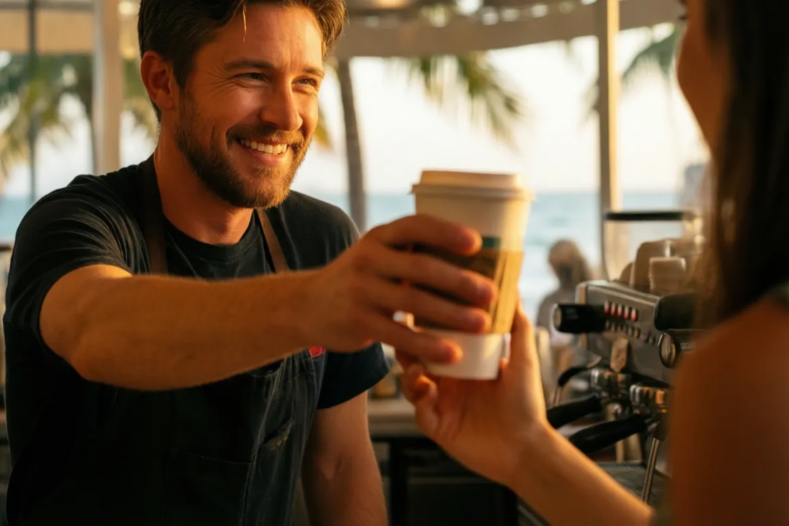 A smiling barista handing a coffee cup across the counter at a Sarasota cafe