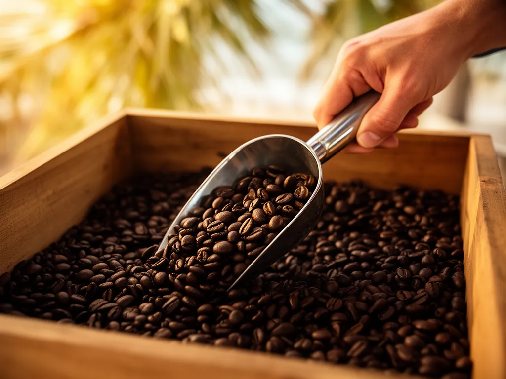 A hand scooping fresh roasted coffee beans from a bin