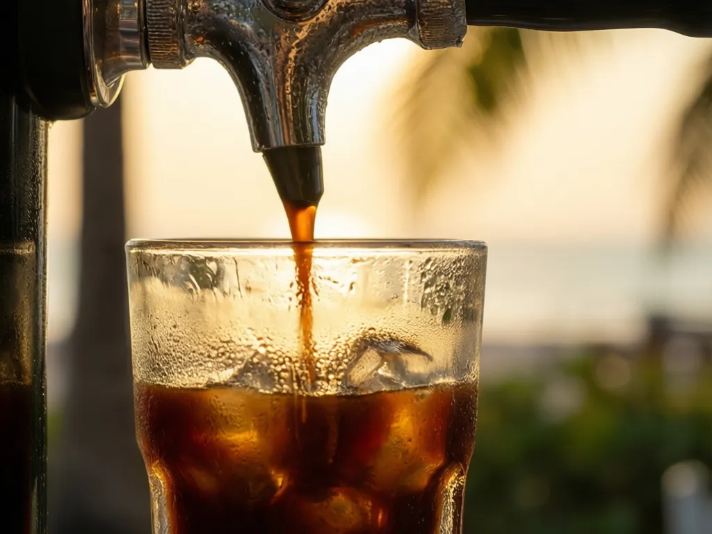 Cold brew pouring over ice in a glass