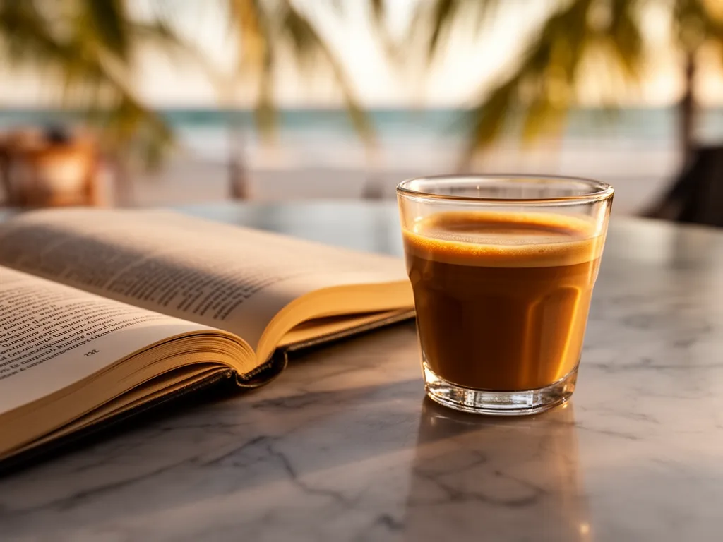 A cortado in a small glass on a marble cafe table