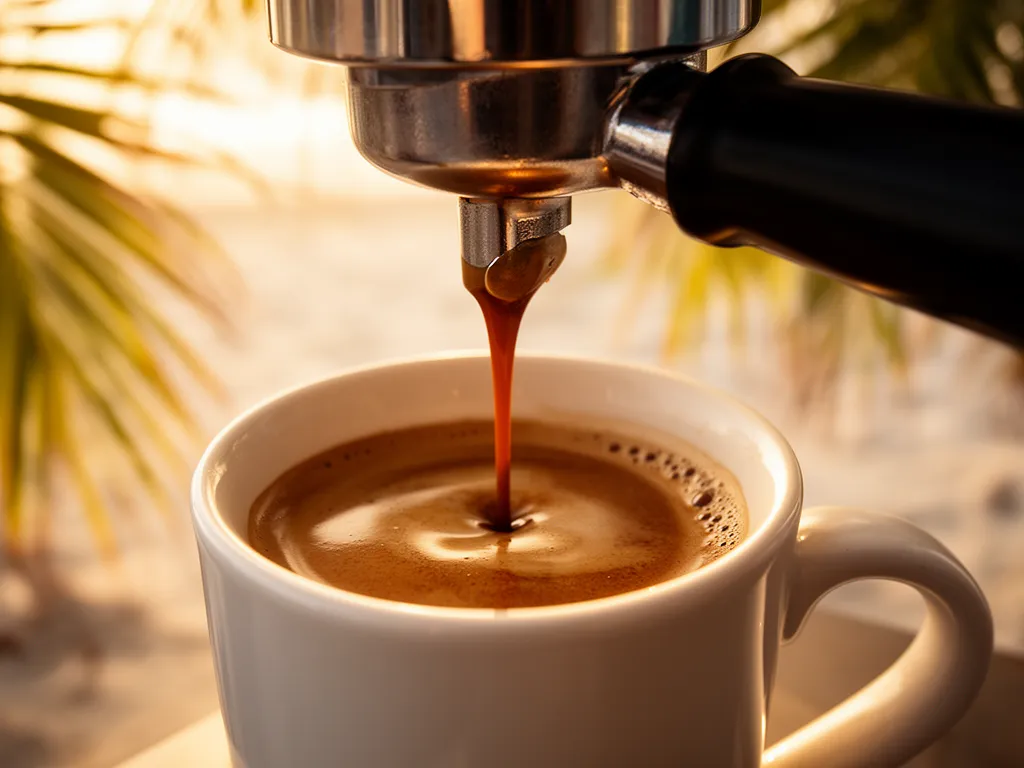 Espresso streaming from a portafilter into a glass