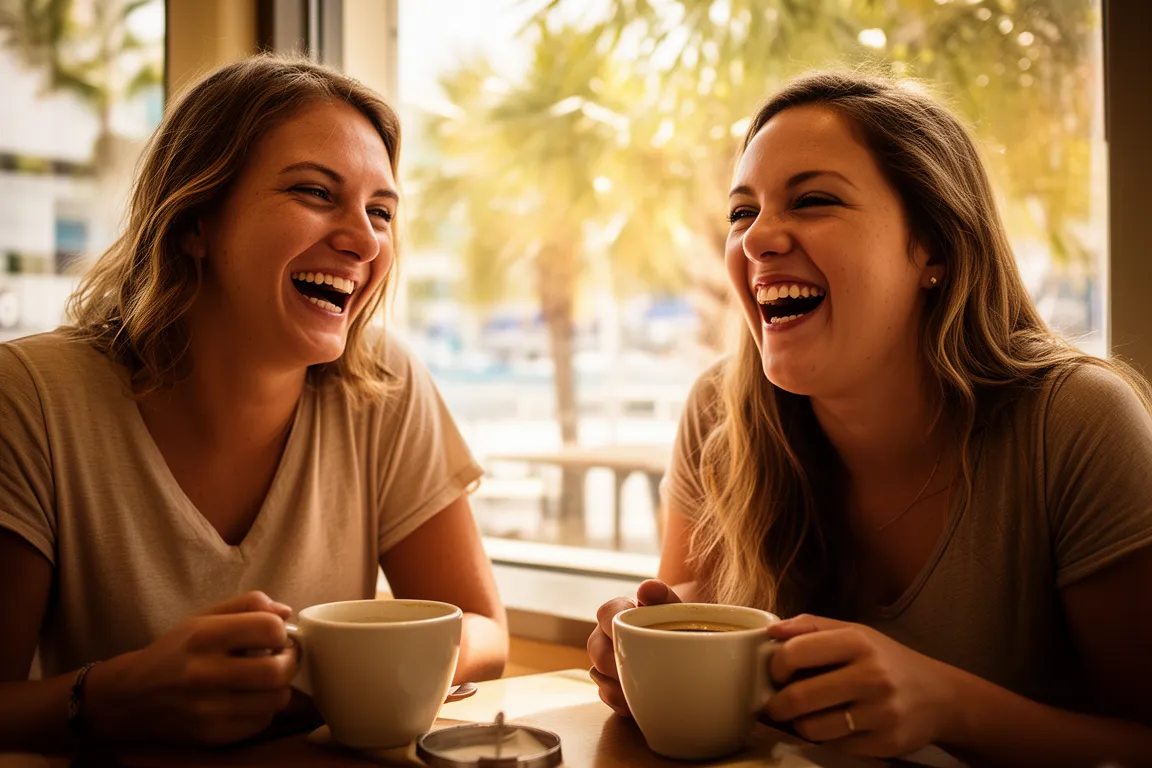 Two friends laughing over coffee at a sunny Sarasota cafe table