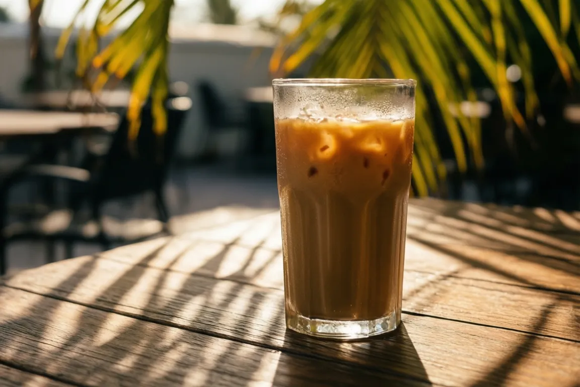 Iced coffee with condensation on a sunny Sarasota cafe patio with palm shadow