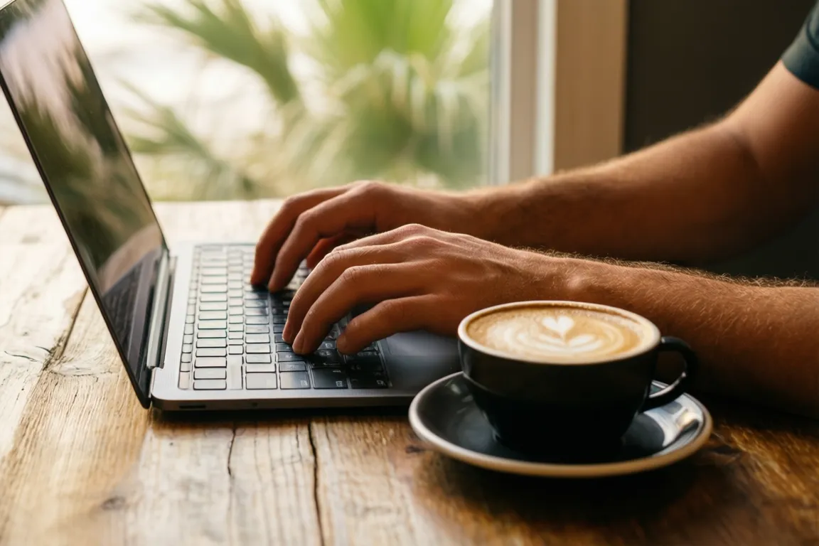Hands typing on a laptop beside a flat white at a sunlit Sarasota cafe table