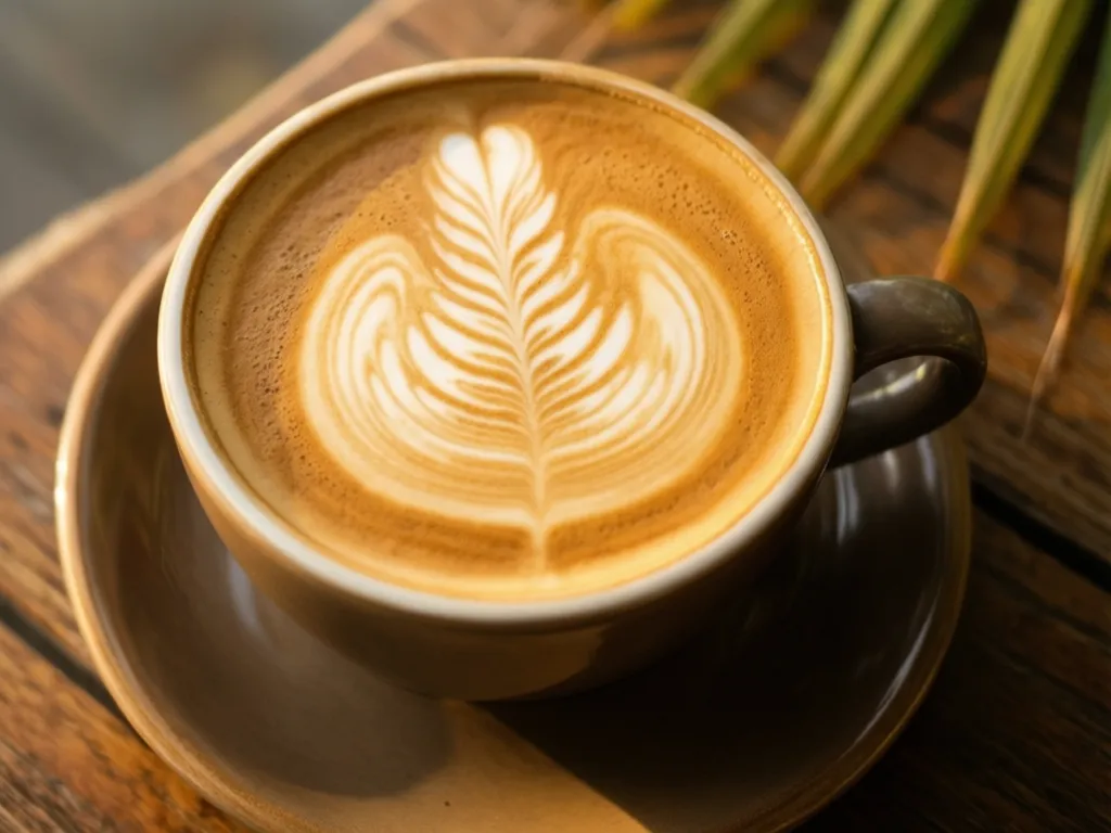 Overhead close-up of a latte with leaf art on a saucer at a Sarasota coffee shop