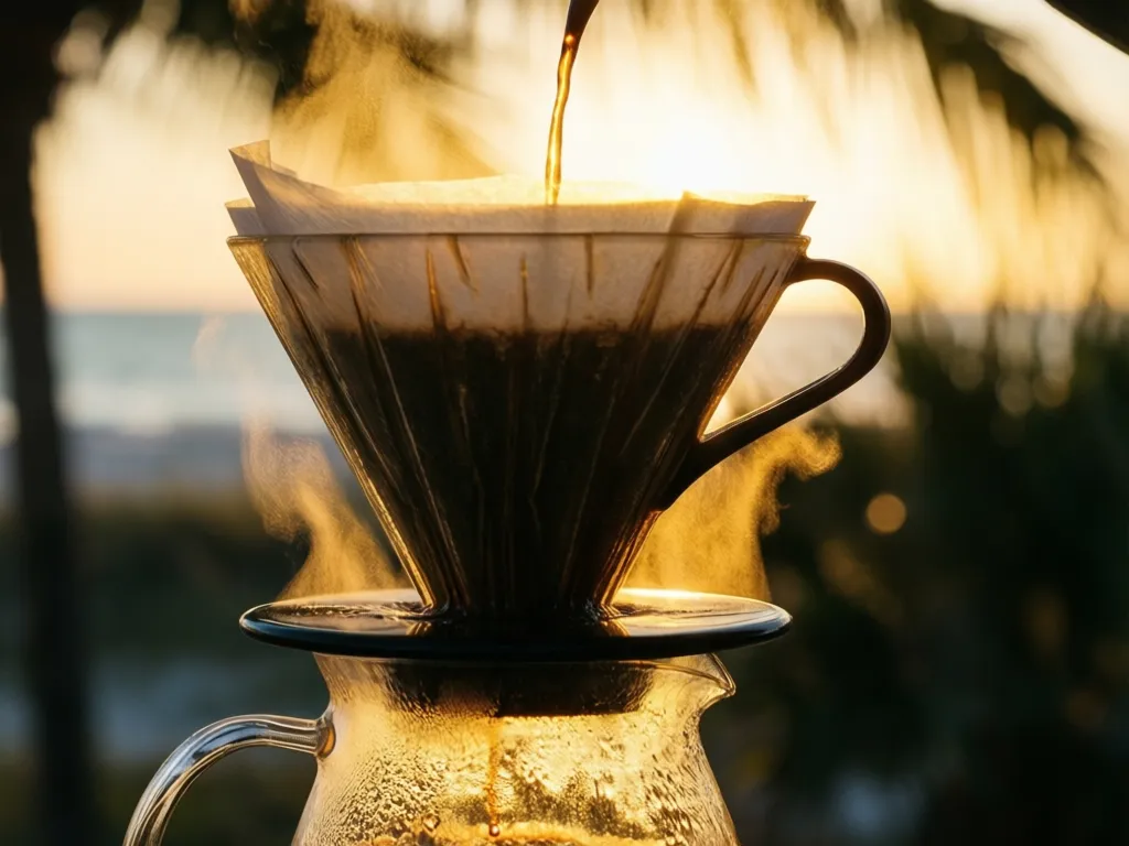 Pour-over coffee dripping into a glass carafe