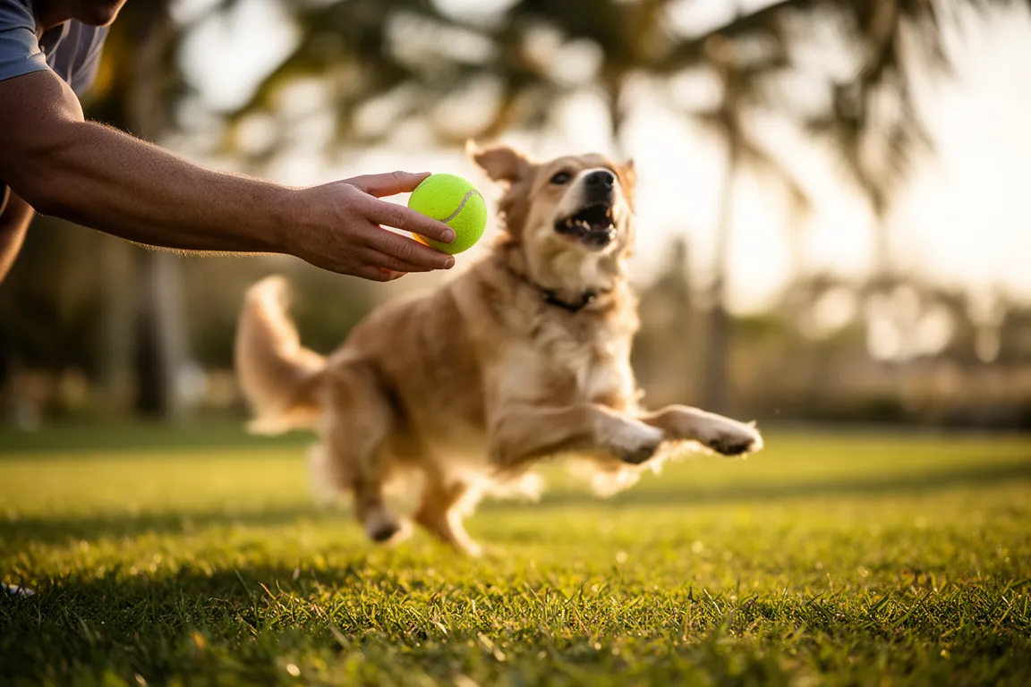 A person throwing a ball for a leaping dog at a Sarasota park