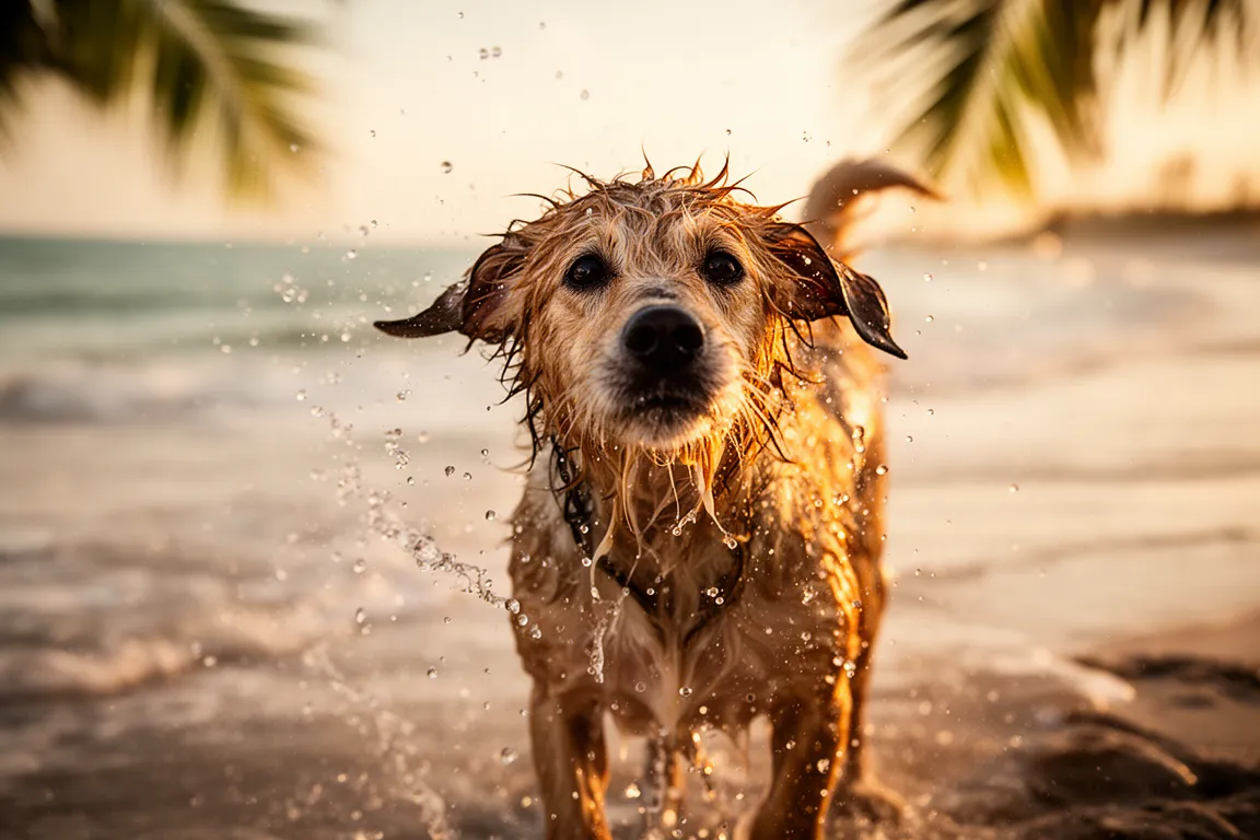 A dog bounding through shallow Gulf surf at a Venice dog beach