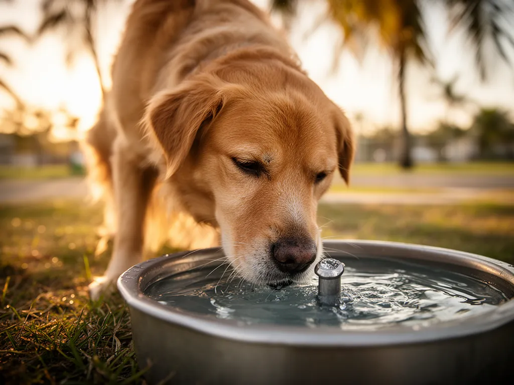Two dogs drinking at a low dog water fountain at a Sarasota park