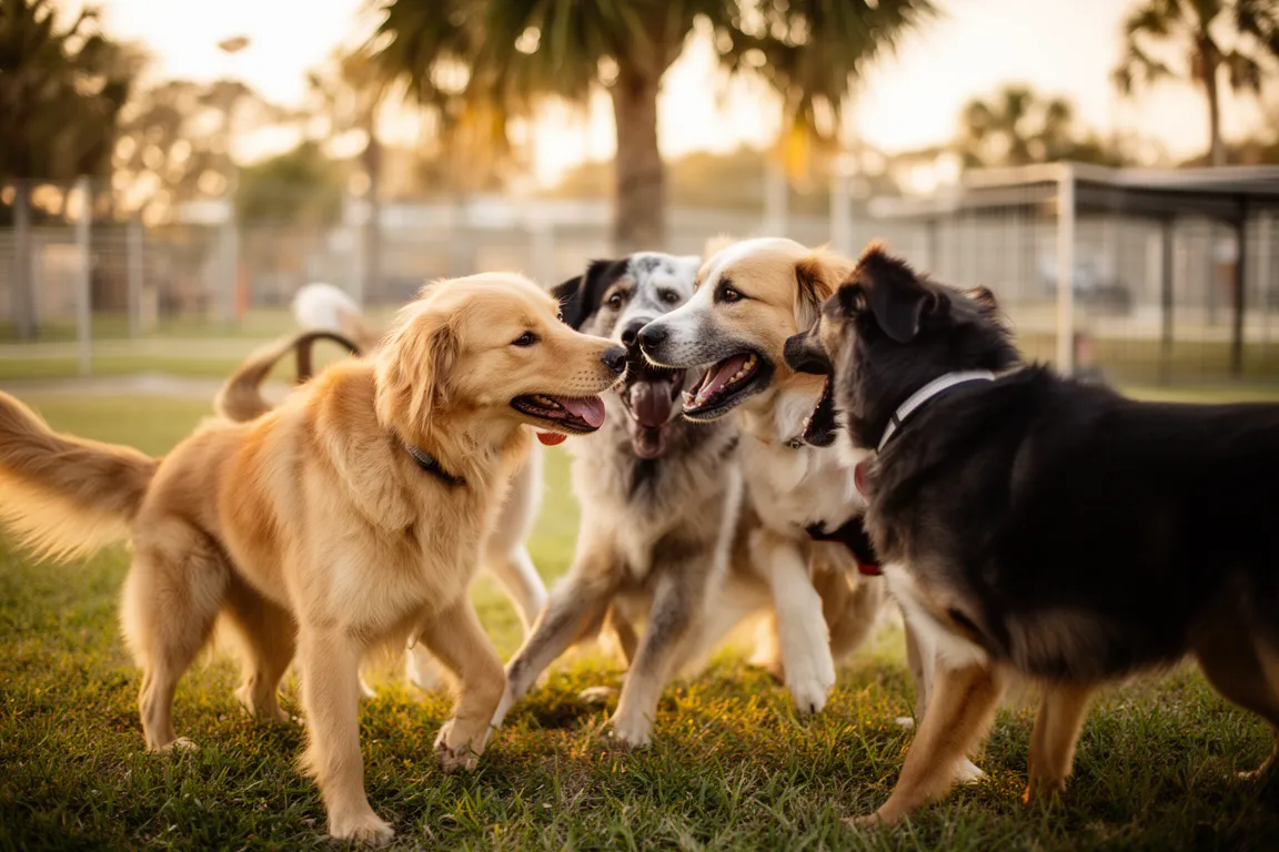 A cluster of friendly dogs greeting each other at a Sarasota dog park