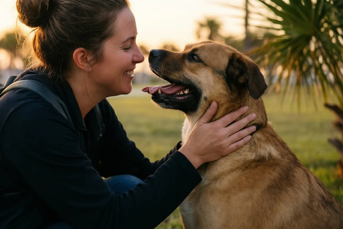 A person praising a happy dog on a leash at a Sarasota park