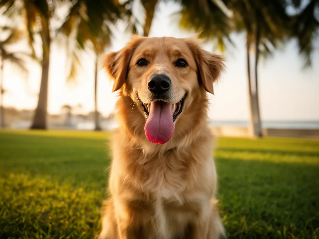 A happy dog on a green Florida lawn under palms