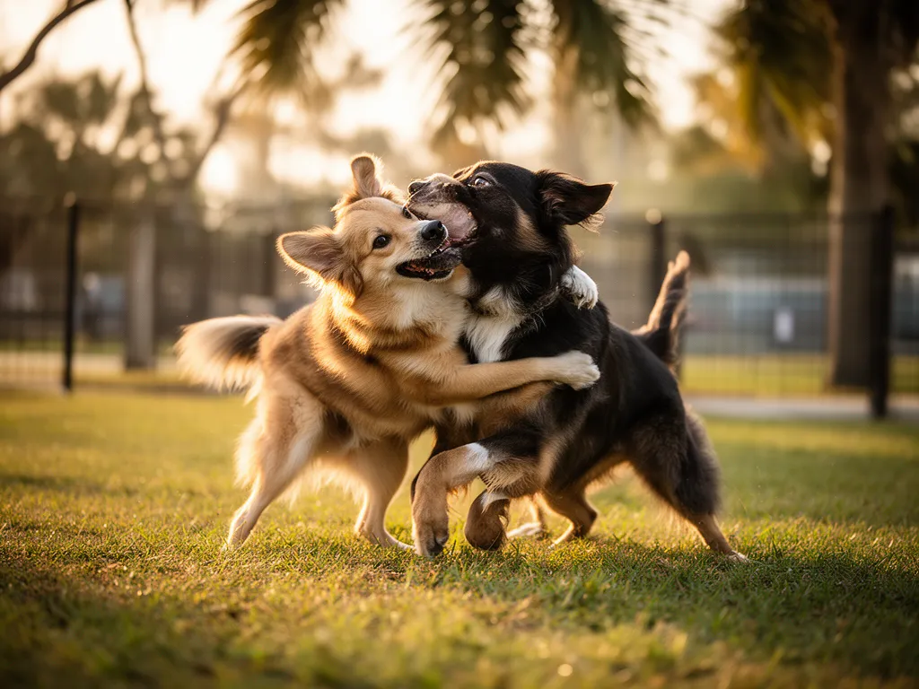 Two dogs playing together on the grass at a Sarasota dog park