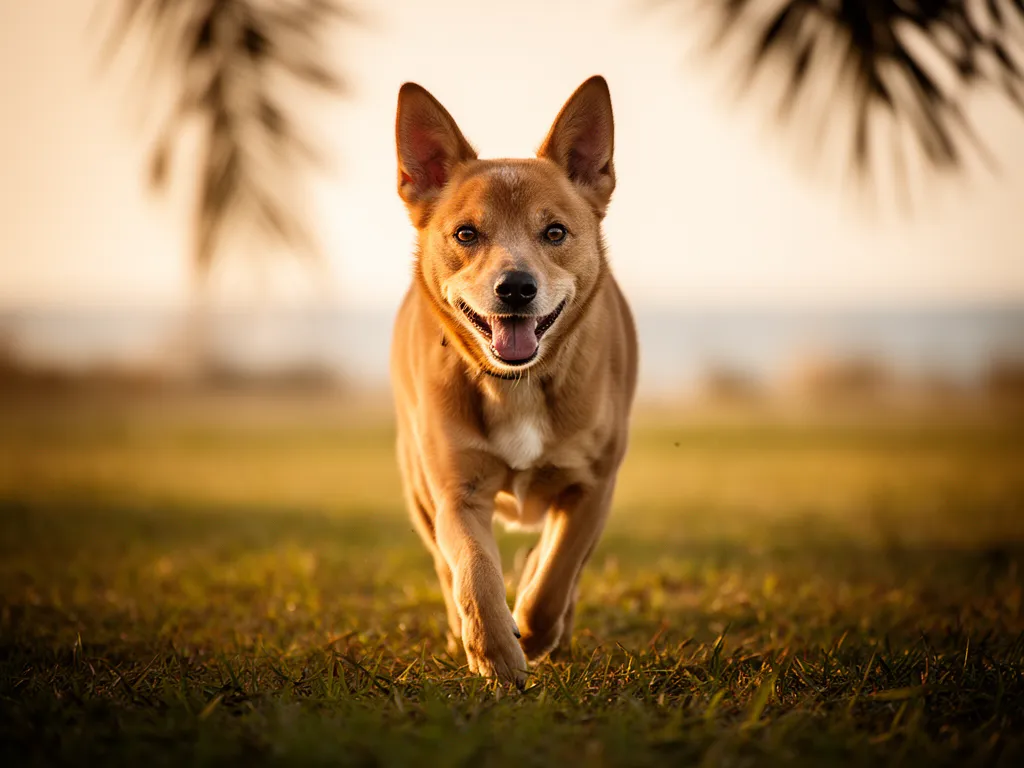 A happy dog running on the grass at a Sarasota dog park