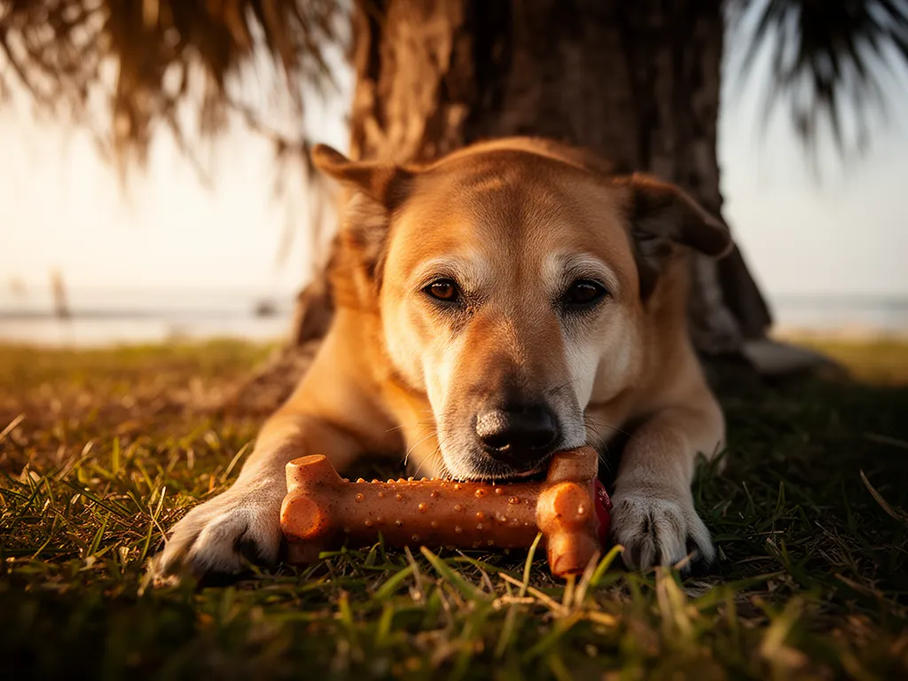 A dog resting in tree shade with a toy at a Sarasota park