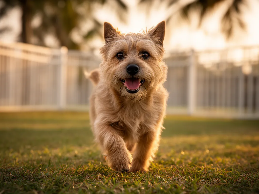 A small dog on the grass in a fenced dog-park area