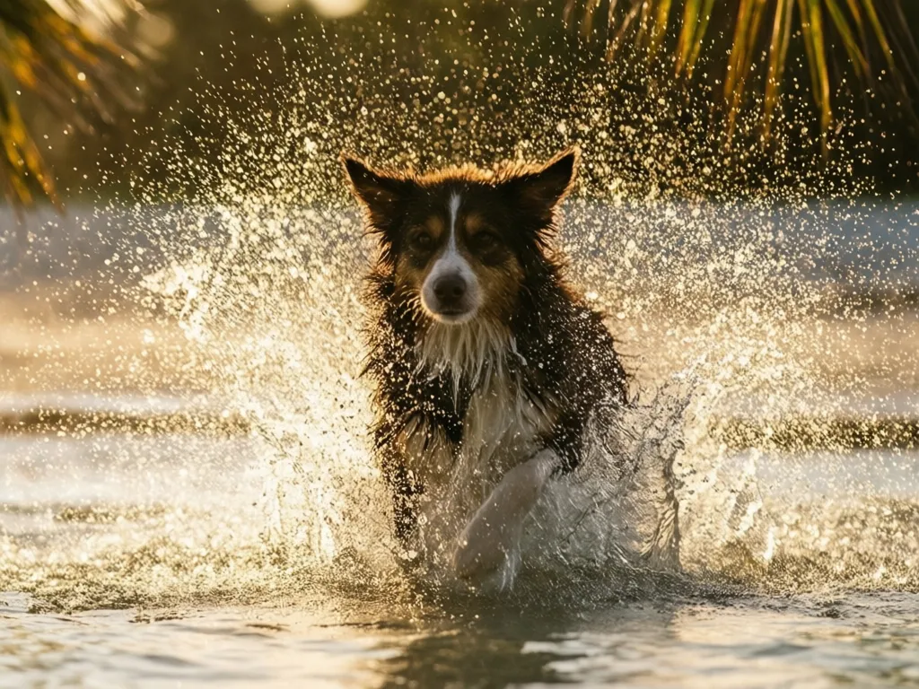 A wet dog shaking off seawater on the sand