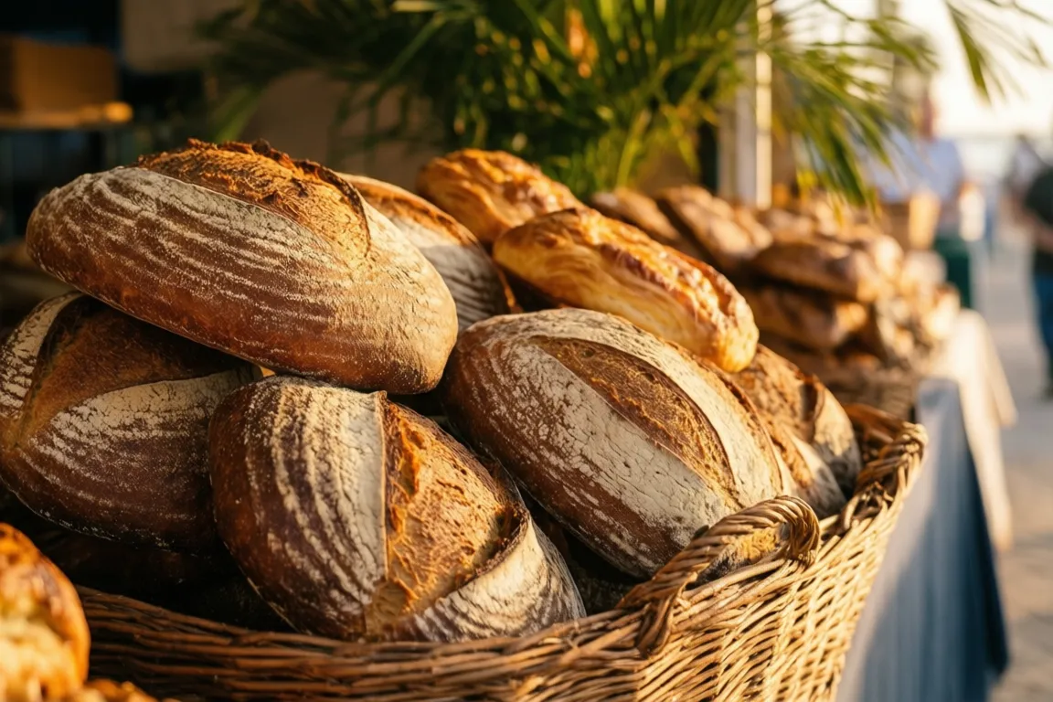 Fresh sourdough loaves and pastries at a market bakery stall