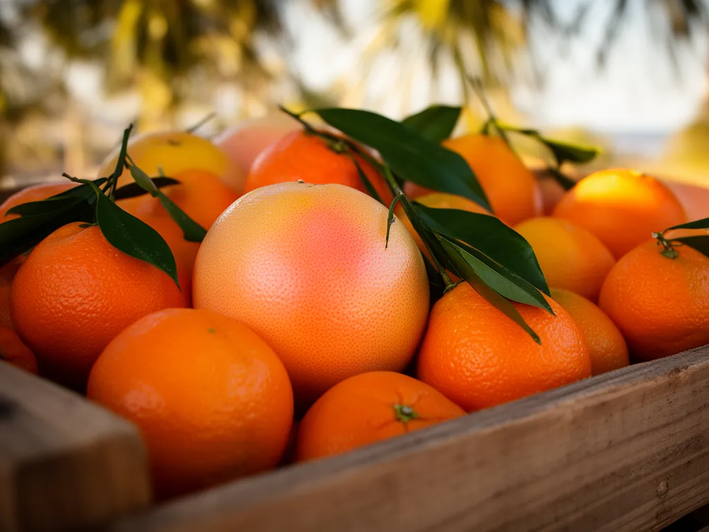 Crate of fresh Florida oranges, grapefruit and tangerines