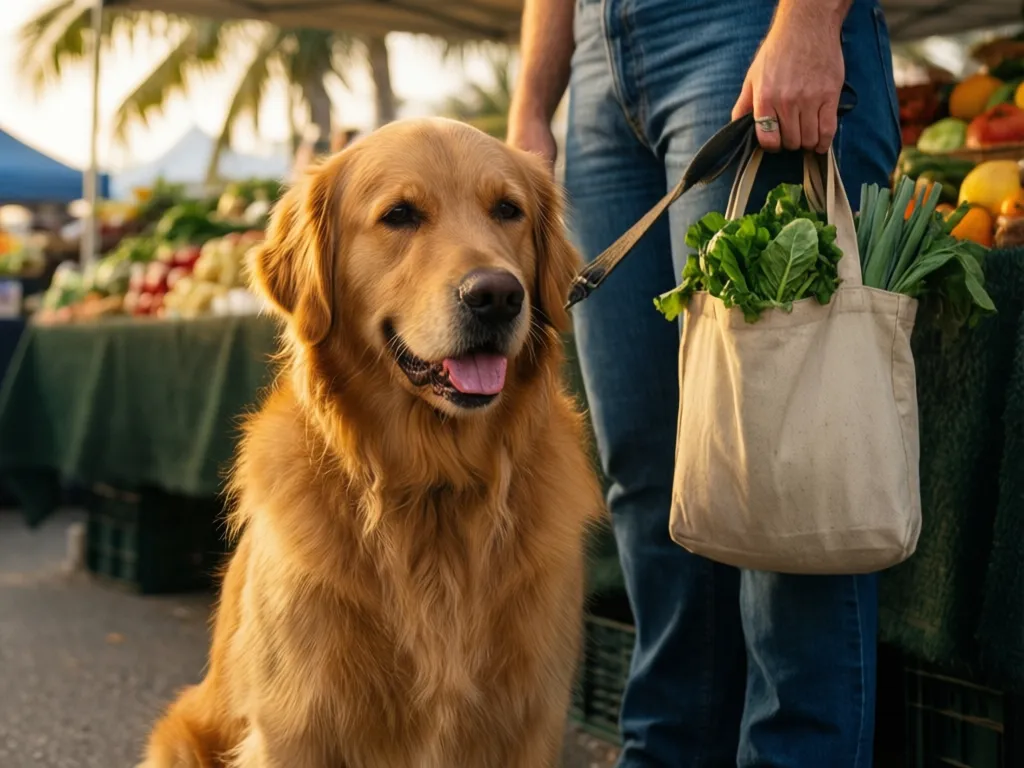 Leashed golden retriever beside its owner at the dog-friendly Sarasota farmers market