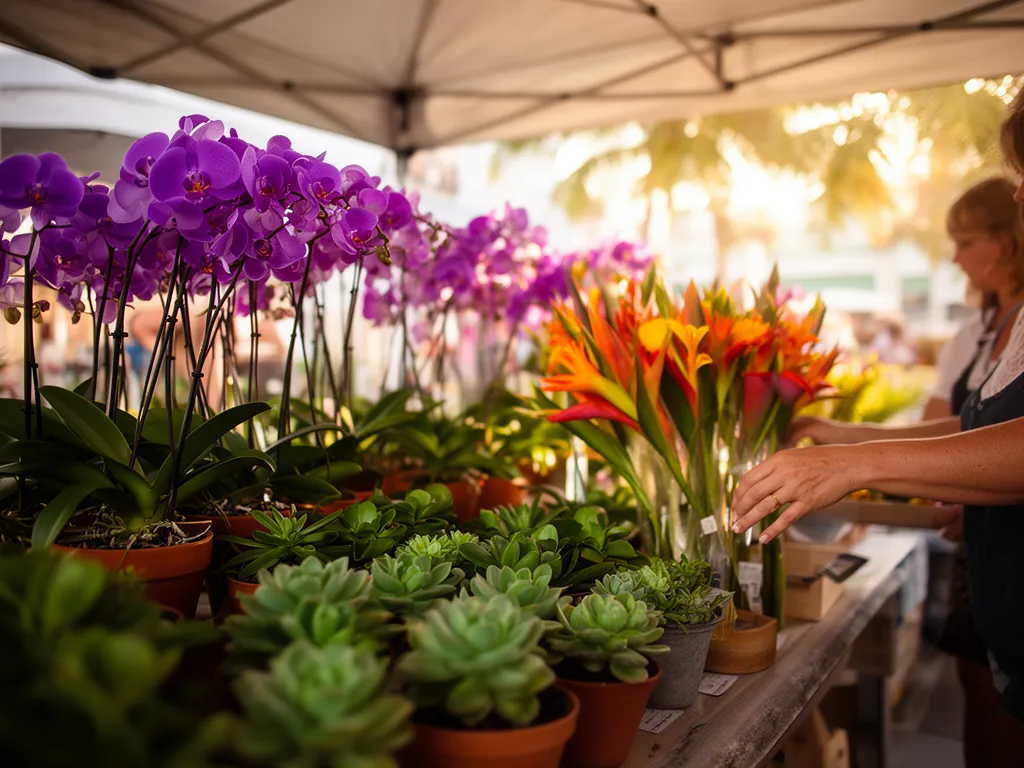 Orchids, succulents and tropical flowers at a market stall