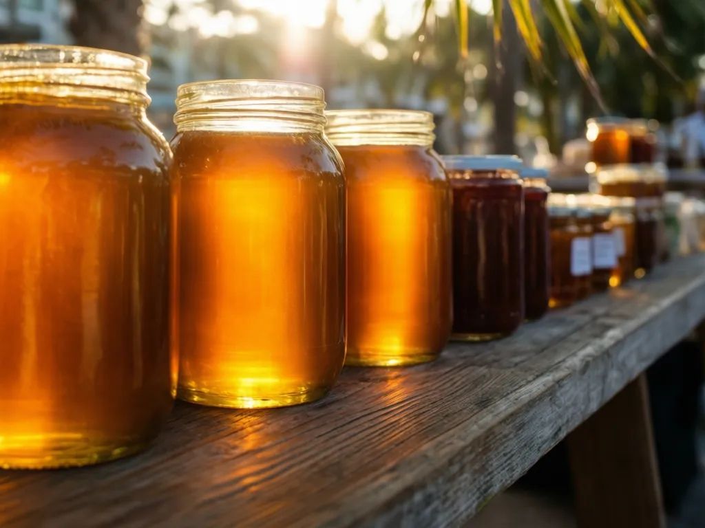 Jars of local Florida honey glowing in the sun