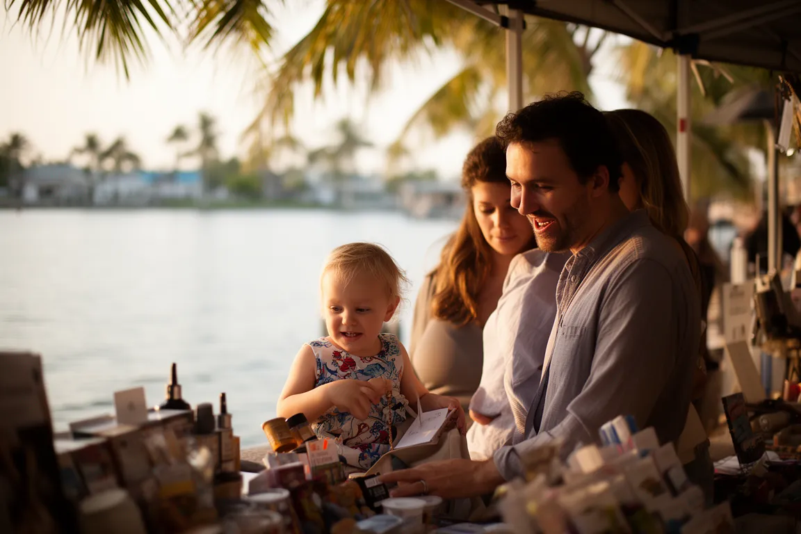 Family browsing a lakefront market at Lakewood Ranch