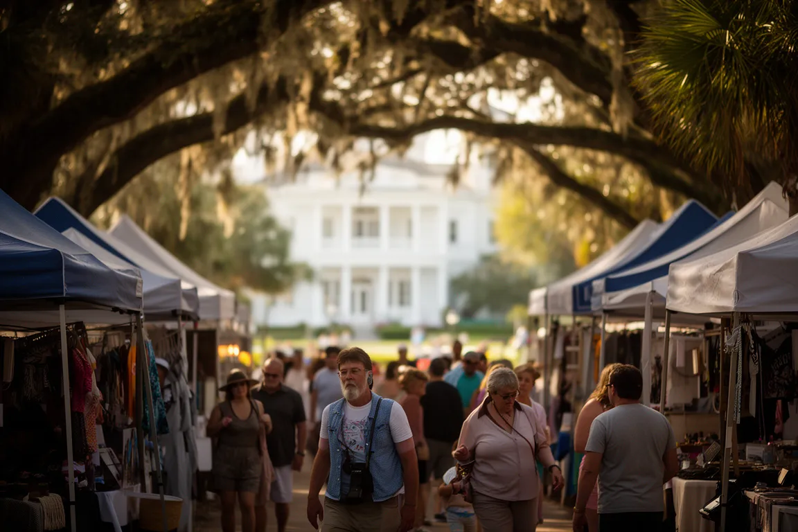 Market tents under oak trees in a historic bayfront park