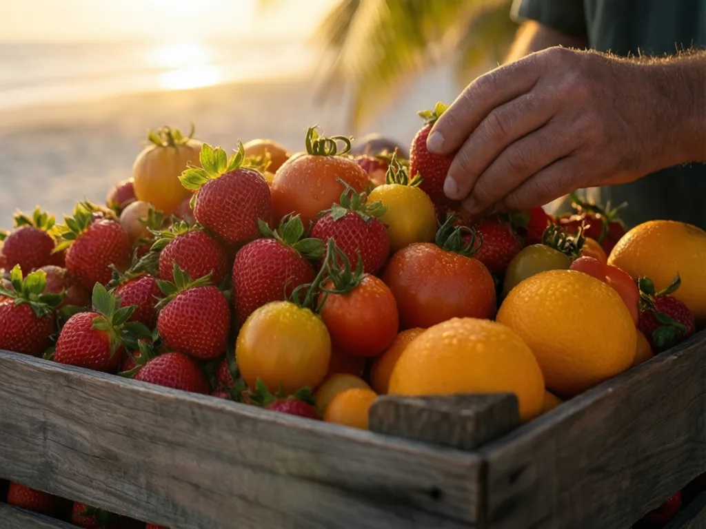 Crate of Florida strawberries, heirloom tomatoes and oranges at the Sarasota farmers market