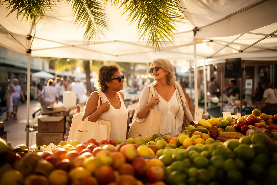Shoppers browsing produce under white canopy tents at the downtown Sarasota farmers market