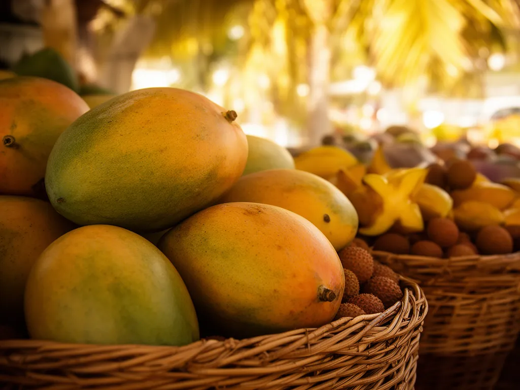 Ripe mangoes, lychee and star fruit at a summer market stall