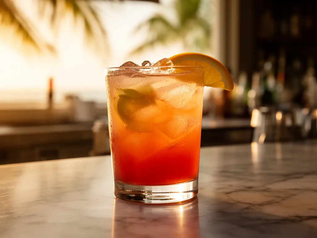 A craft cocktail on a marble bar at a Sarasota restaurant