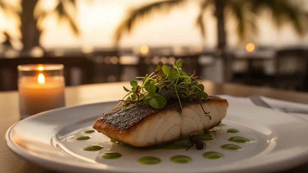 An elegantly plated fine-dining entree under warm candlelight in Sarasota