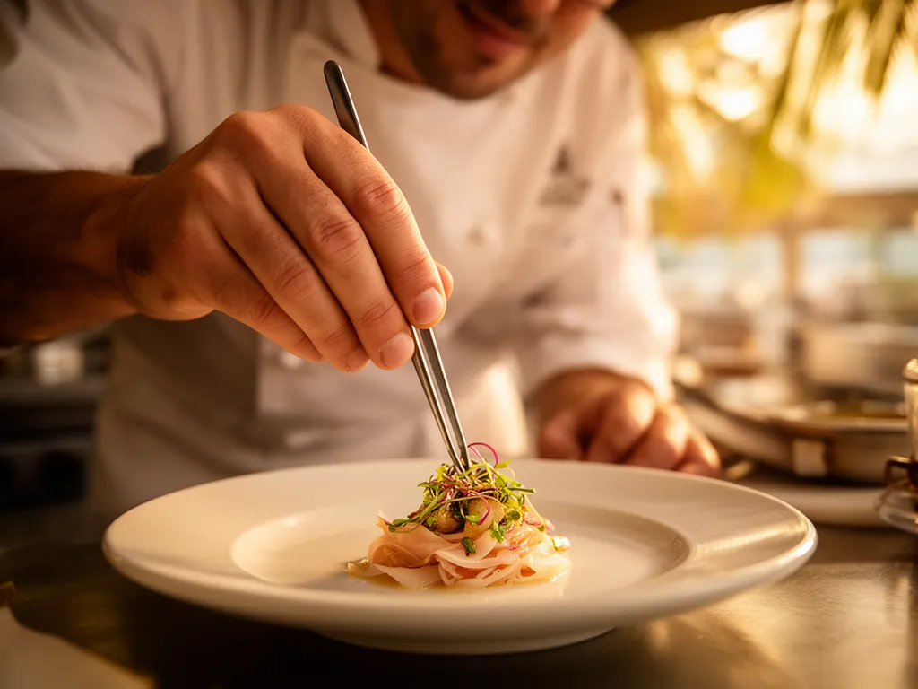 A chef plating a delicate dish with tweezers in a Sarasota kitchen
