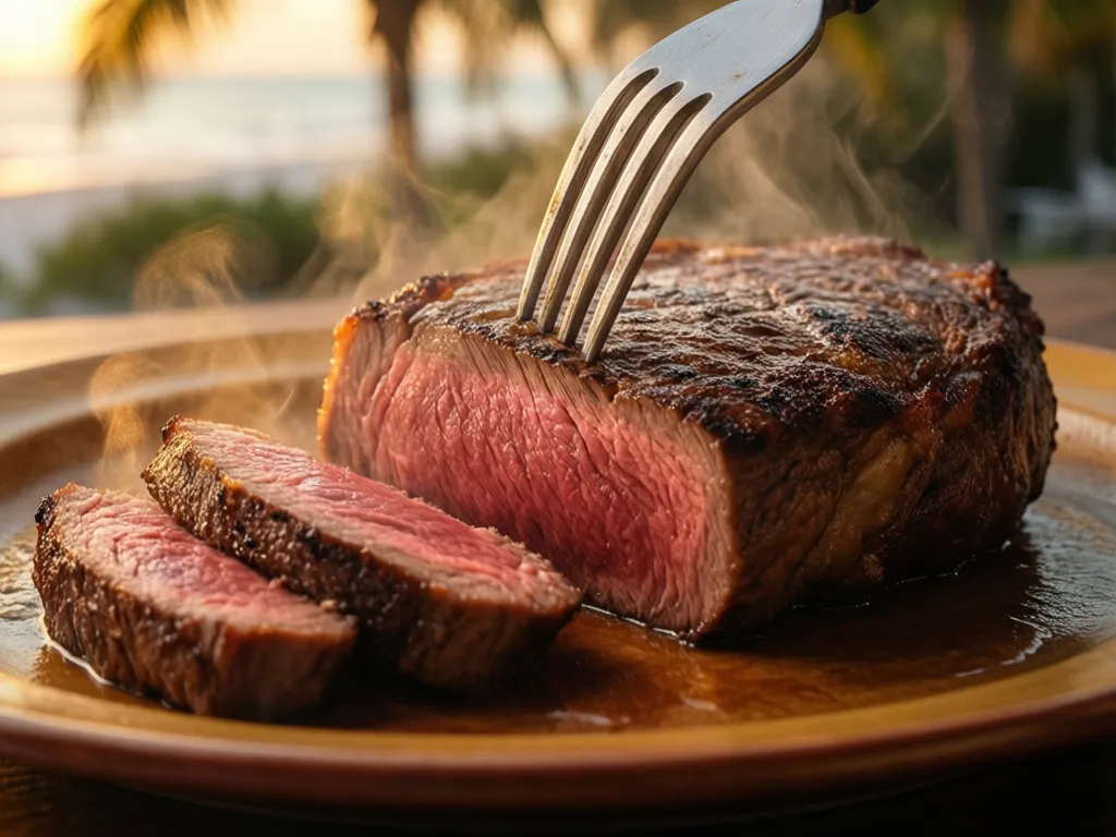 A prime steak sliced to show a pink center at a Sarasota steakhouse