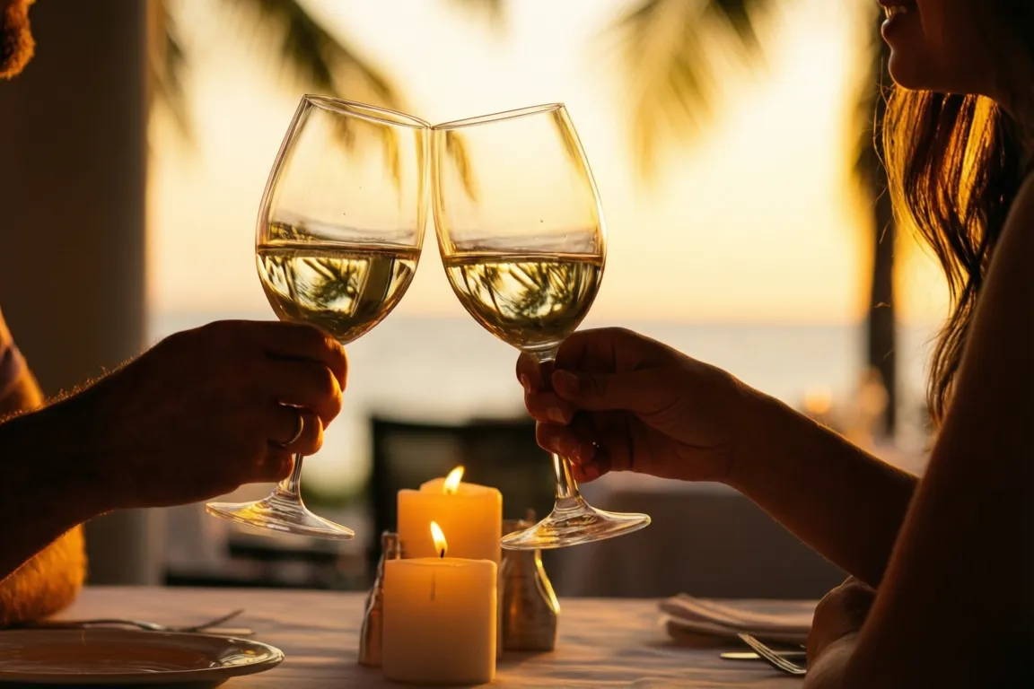 A couple toasting wine glasses over candlelight at a Sarasota restaurant