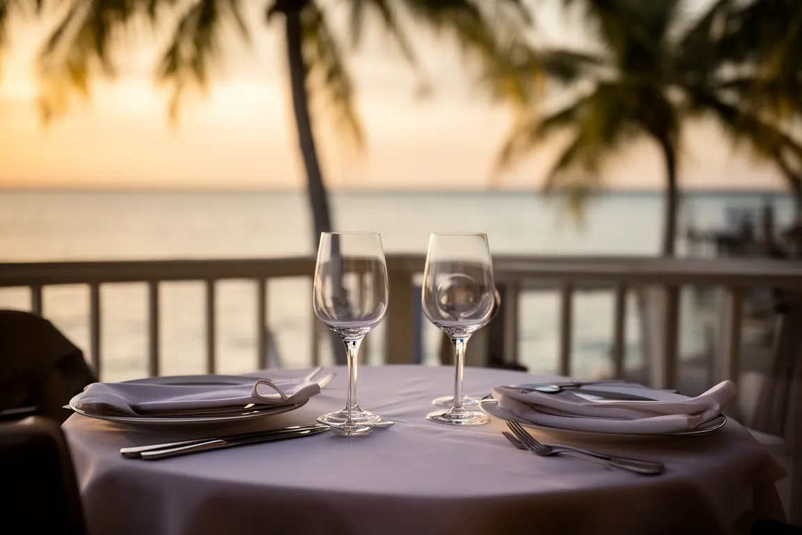 A candlelit table for two on a Sarasota waterfront restaurant deck at sunset