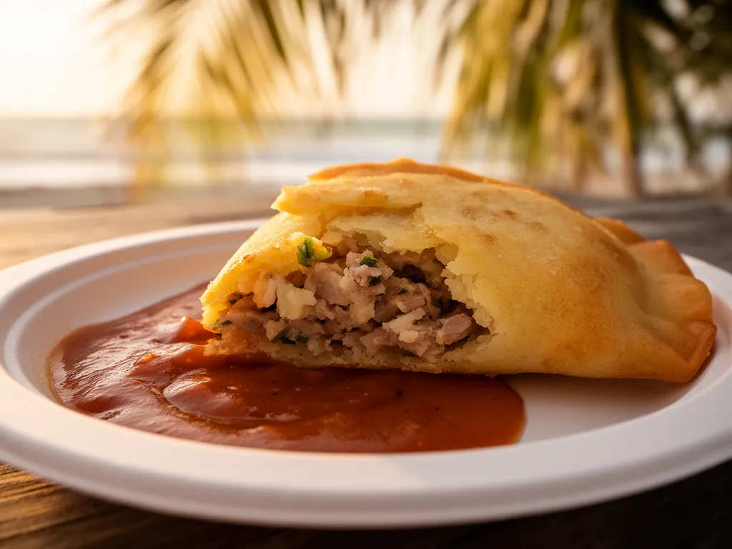 A stuffed arepa on a plate at a Sarasota food truck