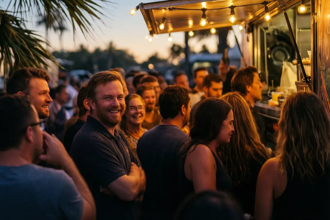 A crowd around a food truck in a Sarasota brewery lot at dusk