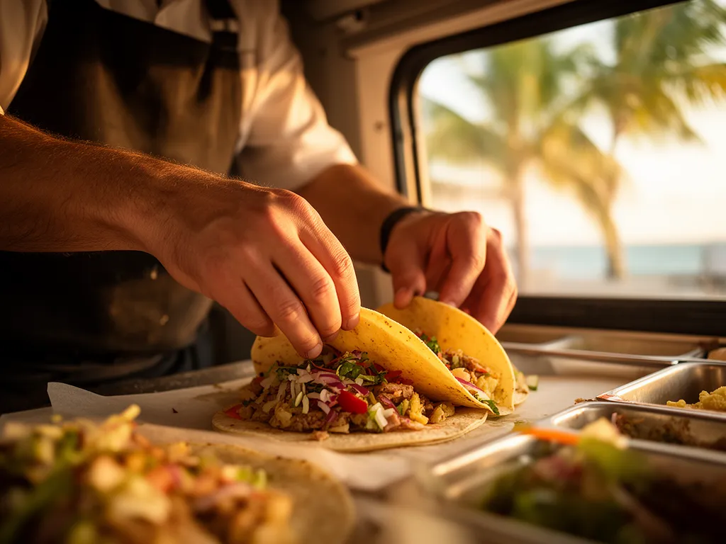 A cook assembling food inside a Sarasota food truck