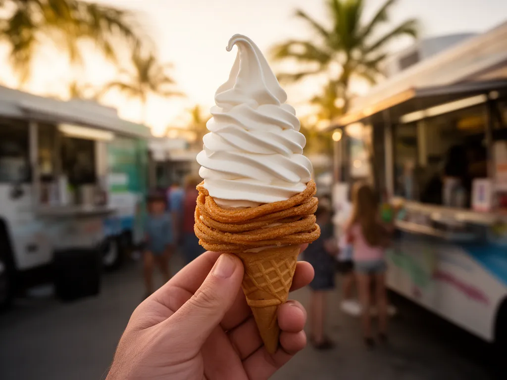 A hand holding a dessert at a Sarasota food-truck lot