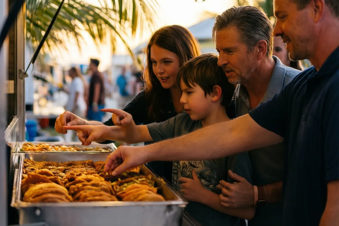A family choosing food at a Sarasota food-truck night market