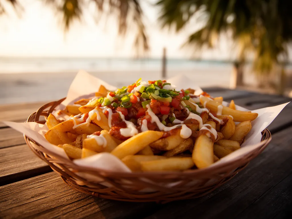 A basket of loaded fries at a Sarasota food truck