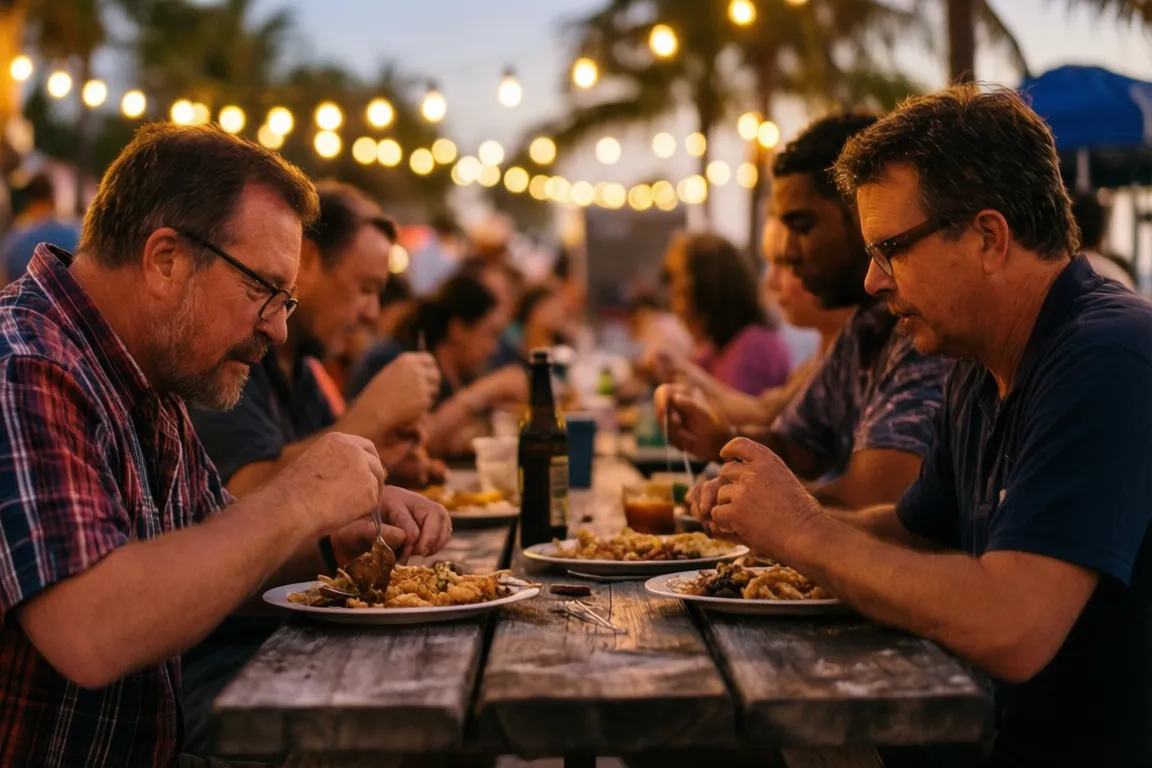 People eating at picnic tables under string lights at a Sarasota food-truck gathering