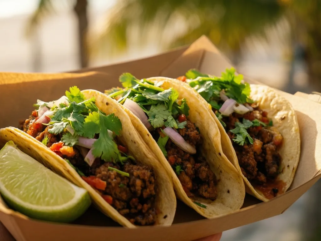 Loaded street tacos on a tray at a Sarasota food truck