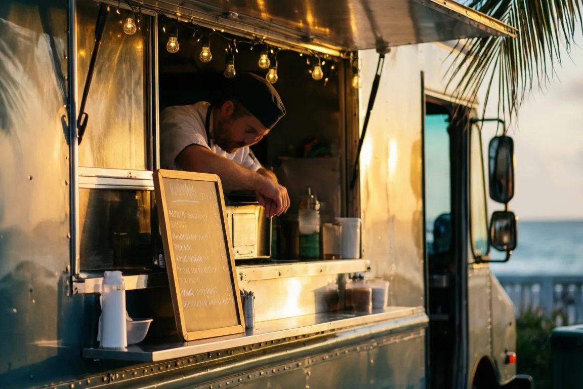 A cook passing tacos out of a Sarasota food-truck window