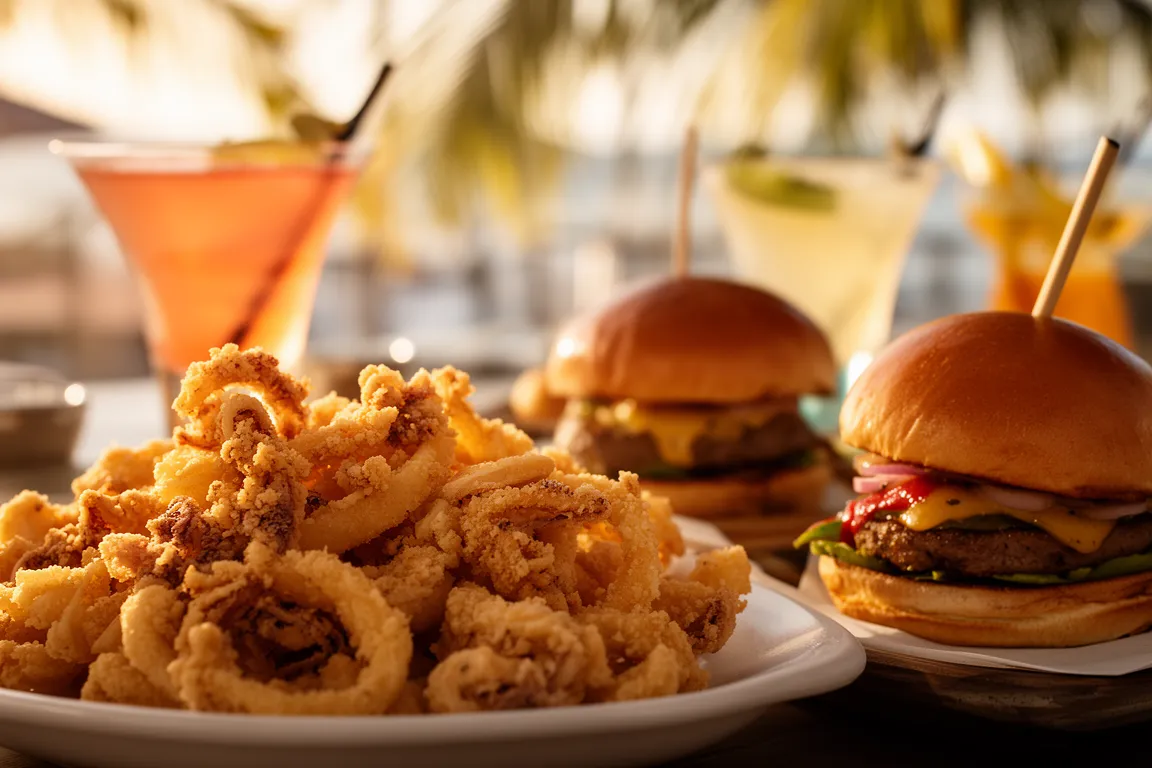 Shared happy-hour appetizers and cocktails on a patio table