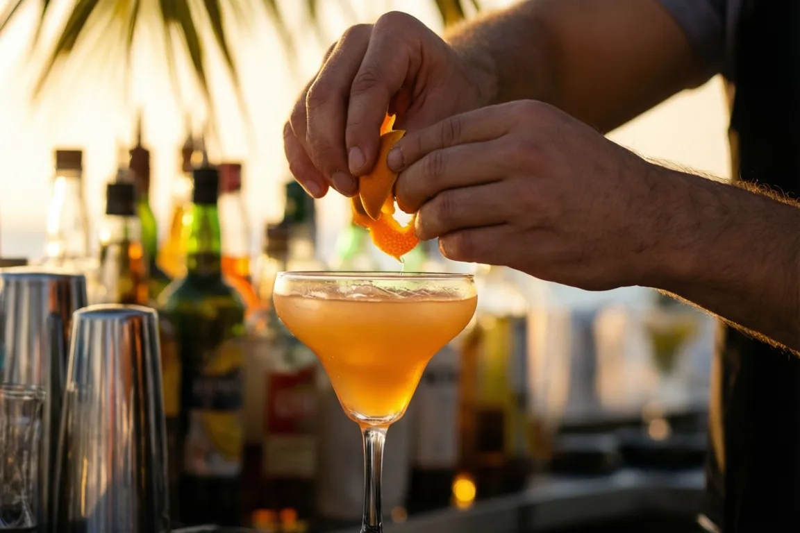 A bartender garnishing a cocktail with an orange twist at a downtown Sarasota bar