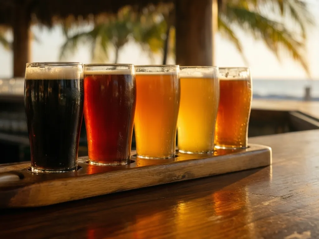 A wooden flight of five craft beers on a bar