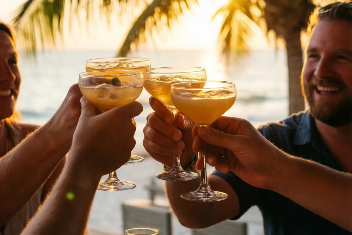 Friends raising cocktails in a toast at an outdoor Sarasota bar